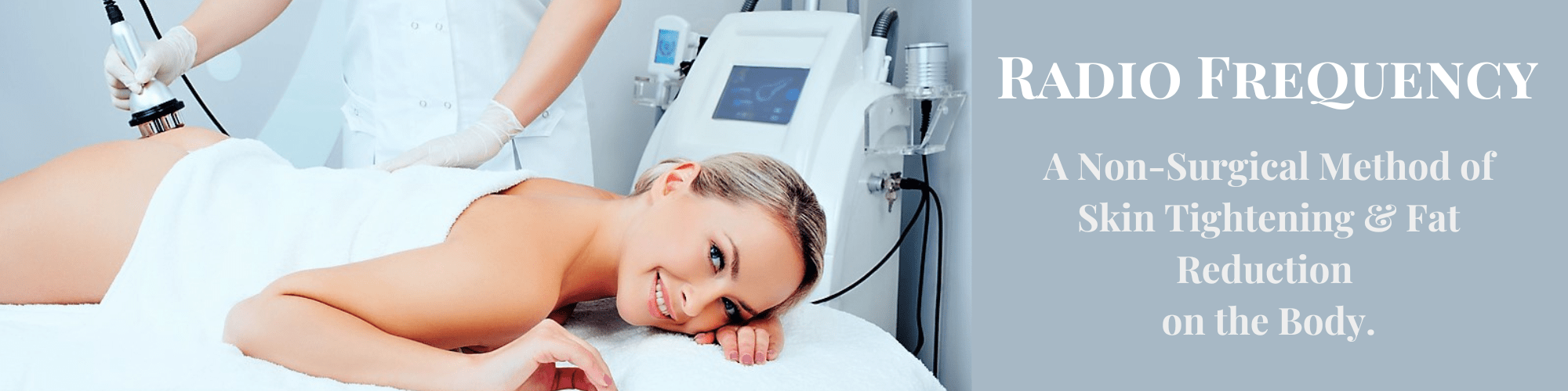 A smiling woman is getting RF skin tightening on the back of her thighs.